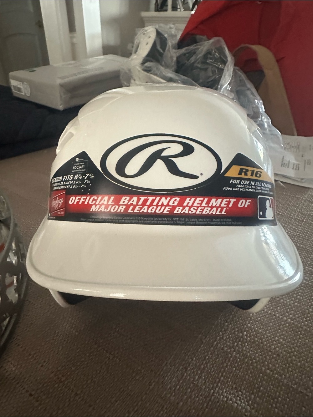Rawlings White Helmet with Red Logo Stripe Baseball Helmet